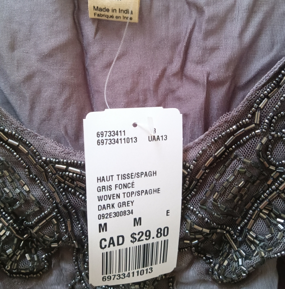 Forever 21 Dark Grey Beaded Woven Tank Top, Medium, New With Tag - Picture 2 of 9